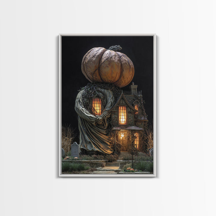 The Pumpkin-House Neighborhood, Vertical Wall Art, Macabre Wall Art, Framed Canvas Print, Halloween Wall Decor, Gothic Home Decor