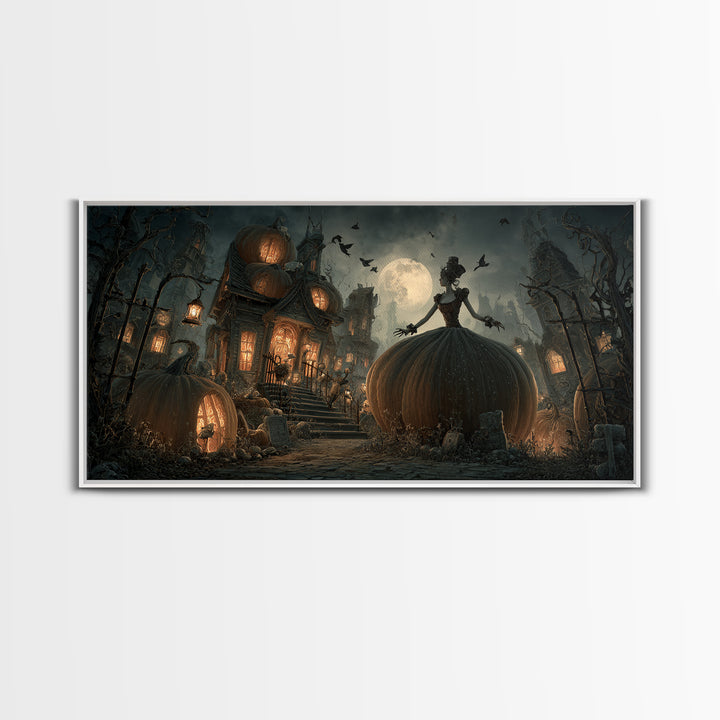 The Pumpkin-House Neighborhood, Wide Panoramic Art, Gothic Horror Wall Art, Framed Canvas Print, Halloween Wall Decor, Gothic Home Decor