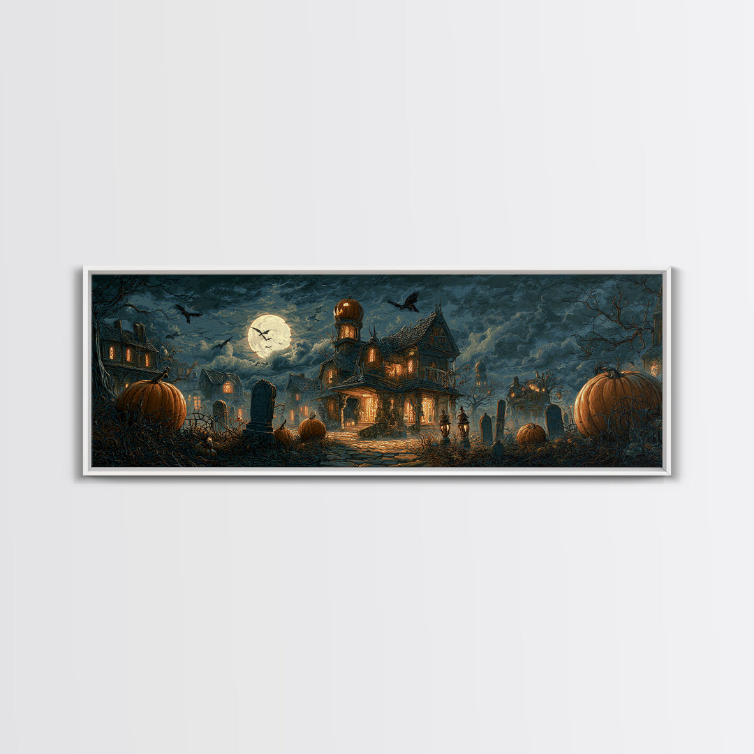 The Pumpkin-House Neighborhood, Extra Wide Wall Art, Spooky Home Decor, Canvas Print, Halloween Wall Decor, Gothic Home Decor