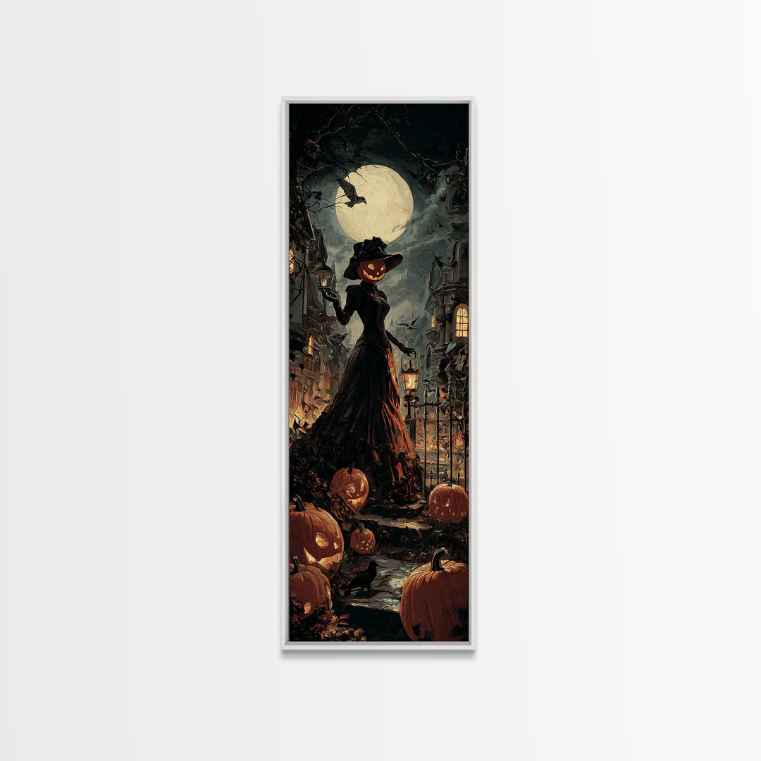 The Pumpkin-House Neighborhood, Tall Narrow Wall Art, Macabre Wall Art, Framed Canvas Print, Halloween Wall Decor, Gothic Home Decor