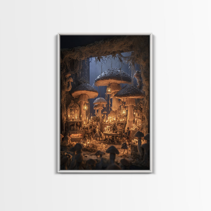 The Moonlit Mushroom Village, Vertical Wall Art, Dark Halloween Decor, Canvas Print, Halloween Wall Decor, Gothic Home Decor