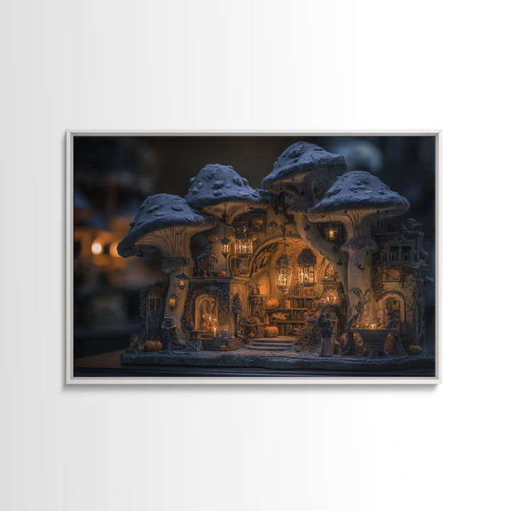 The Moonlit Mushroom Village, Landscape Wall Art, Dark Fantasy Wall Art, Canvas Print, Halloween Wall Decor, Gothic Home Decor