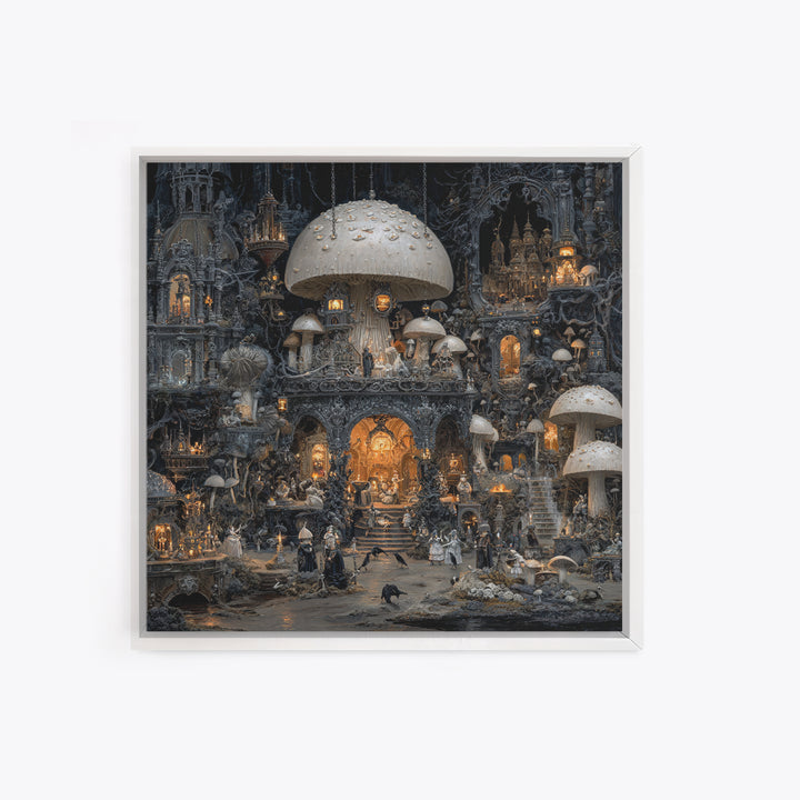 The Moonlit Mushroom Village, Square Wall Art, Dark Halloween Decor, Canvas Print, Halloween Wall Decor, Gothic Home Decor