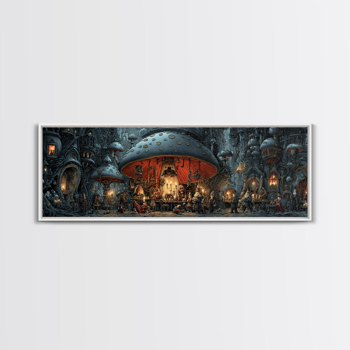 The Moonlit Mushroom Village, Extra Wide Wall Art, Gothic Horror Wall Art, Framed Canvas Print, Halloween Wall Decor, Gothic Home Decor