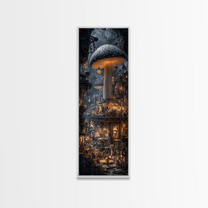 The Moonlit Mushroom Village, Tall Narrow Wall Art, Spooky Home Decor, Canvas Print, Halloween Wall Decor, Gothic Home Decor