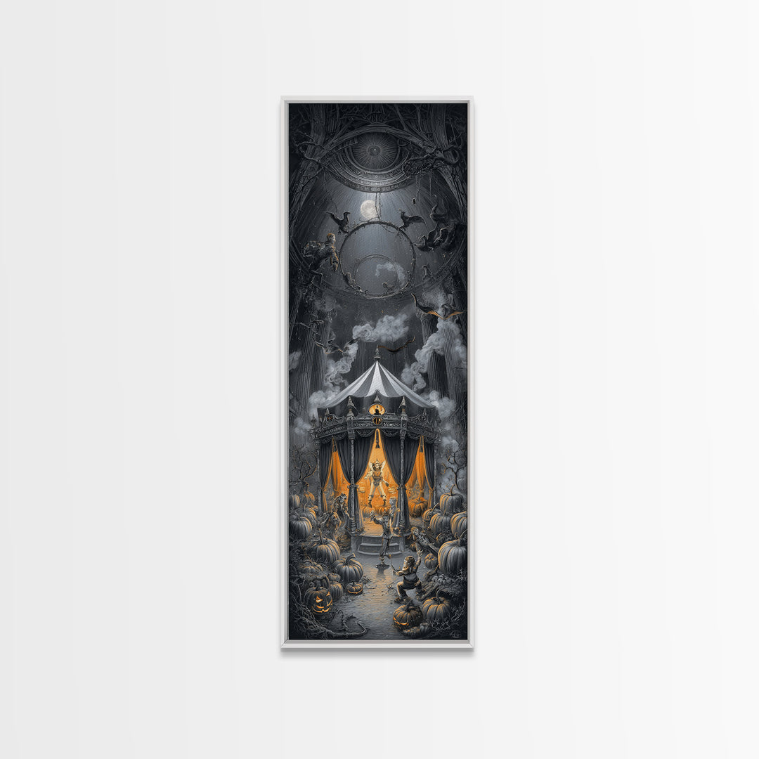 The Jack-O'-Lantern Circus, Tall Narrow Wall Art, Gothic Horror Wall Art, Framed Canvas Print, Halloween Wall Decor, Gothic Home Decor