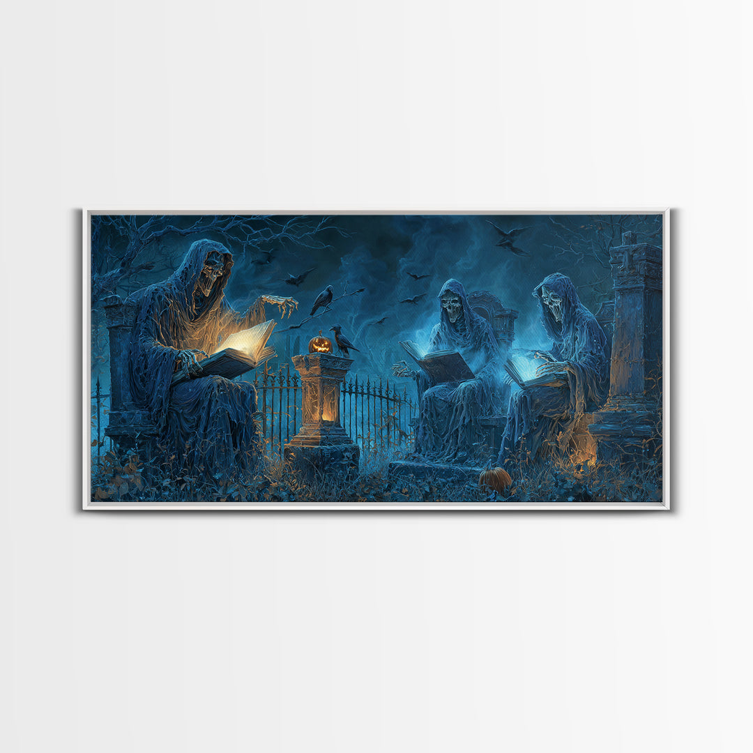 The Graveyard Book Club, Wide Panoramic Art, Macabre Wall Art, Framed Canvas Print, Halloween Wall Decor, Gothic Home Decor, Horror Wall Art