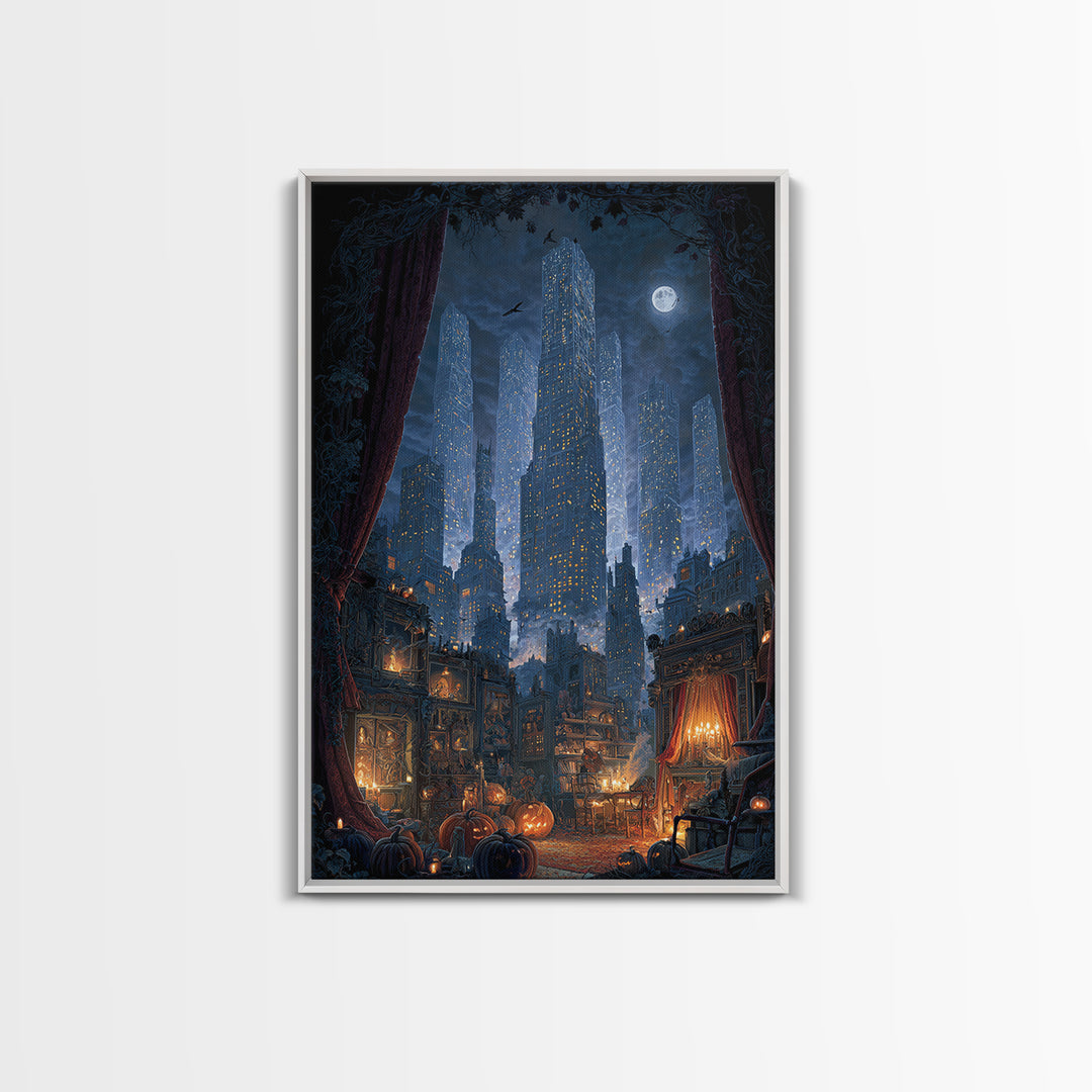 The Haunted City Skyline, Vertical Wall Art, Haunted Gothic Art, Framed Canvas Print, Halloween Wall Decor, Gothic Home Decor