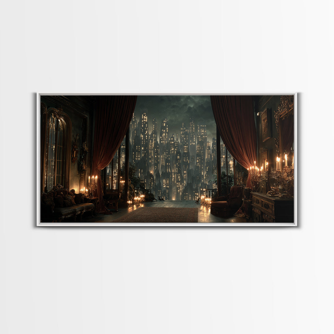 The Haunted City Skyline, Wide Panoramic Art, Dark Fantasy Wall Art, Canvas Print, Halloween Wall Decor, Gothic Home Decor