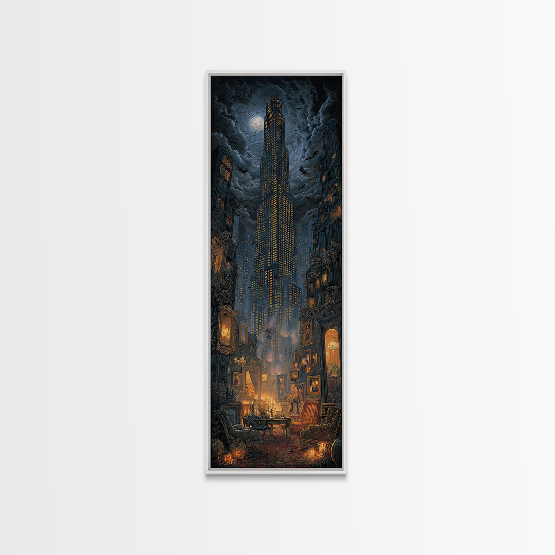 The Haunted City Skyline, Tall Narrow Wall Art, Haunted Gothic Art, Framed Canvas Print, Halloween Wall Decor, Gothic Home Decor