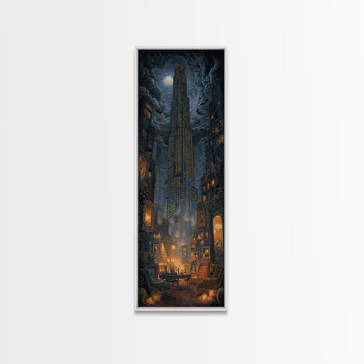 The Haunted City Skyline, Tall Narrow Wall Art, Haunted Gothic Art, Framed Canvas Print, Halloween Wall Decor, Gothic Home Decor