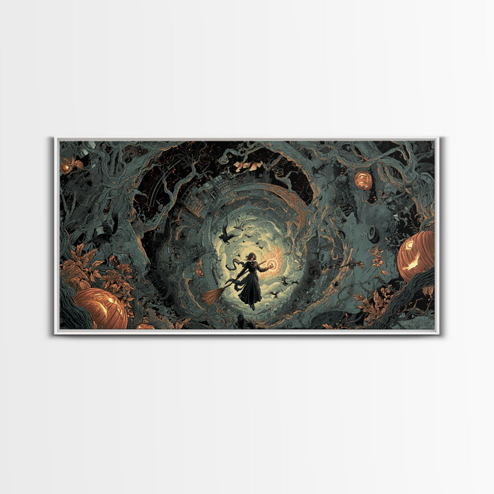 The Cyberpunk Witch, Wide Panoramic Art, Haunted Gothic Art, Framed Canvas Print, Halloween Wall Decor, Gothic Home Decor