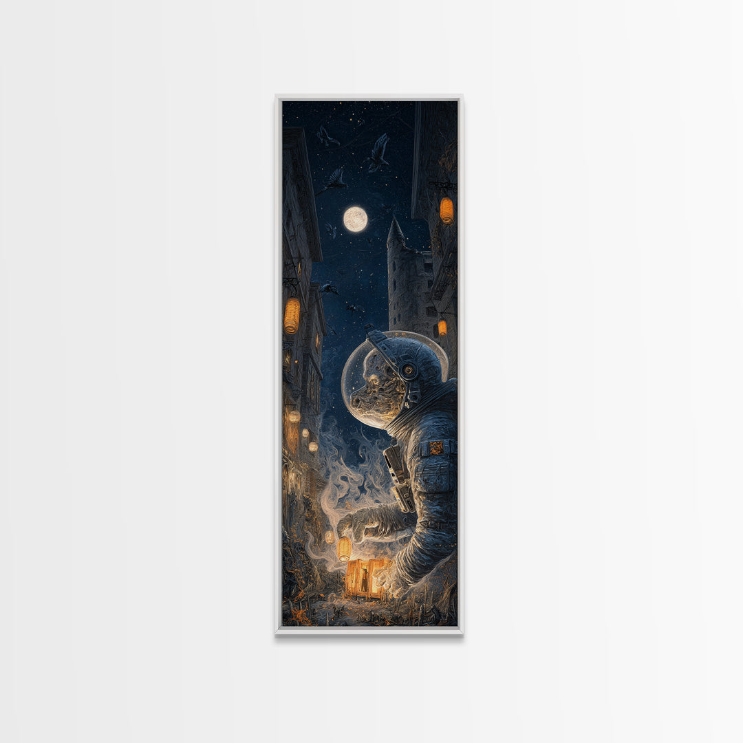 The Astronaut Ghost, Tall Narrow Wall Art, Macabre Wall Art, Framed Canvas Print, Halloween Wall Decor, Gothic Home Decor