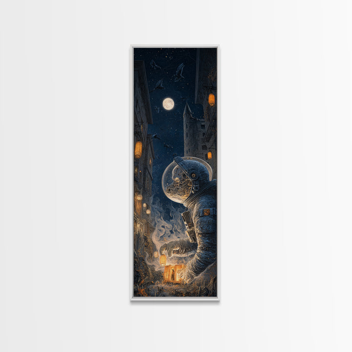 The Astronaut Ghost, Tall Narrow Wall Art, Macabre Wall Art, Framed Canvas Print, Halloween Wall Decor, Gothic Home Decor