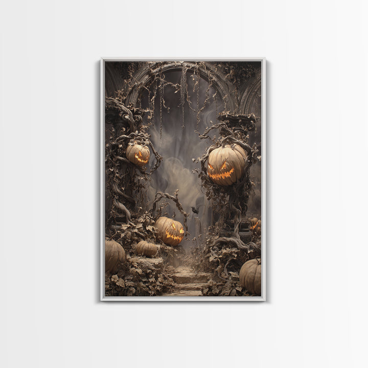 The Alien Pumpkin Patch, Vertical Wall Art, Haunted Gothic Art, Framed Canvas Print, Halloween Wall Decor, Gothic Home Decor
