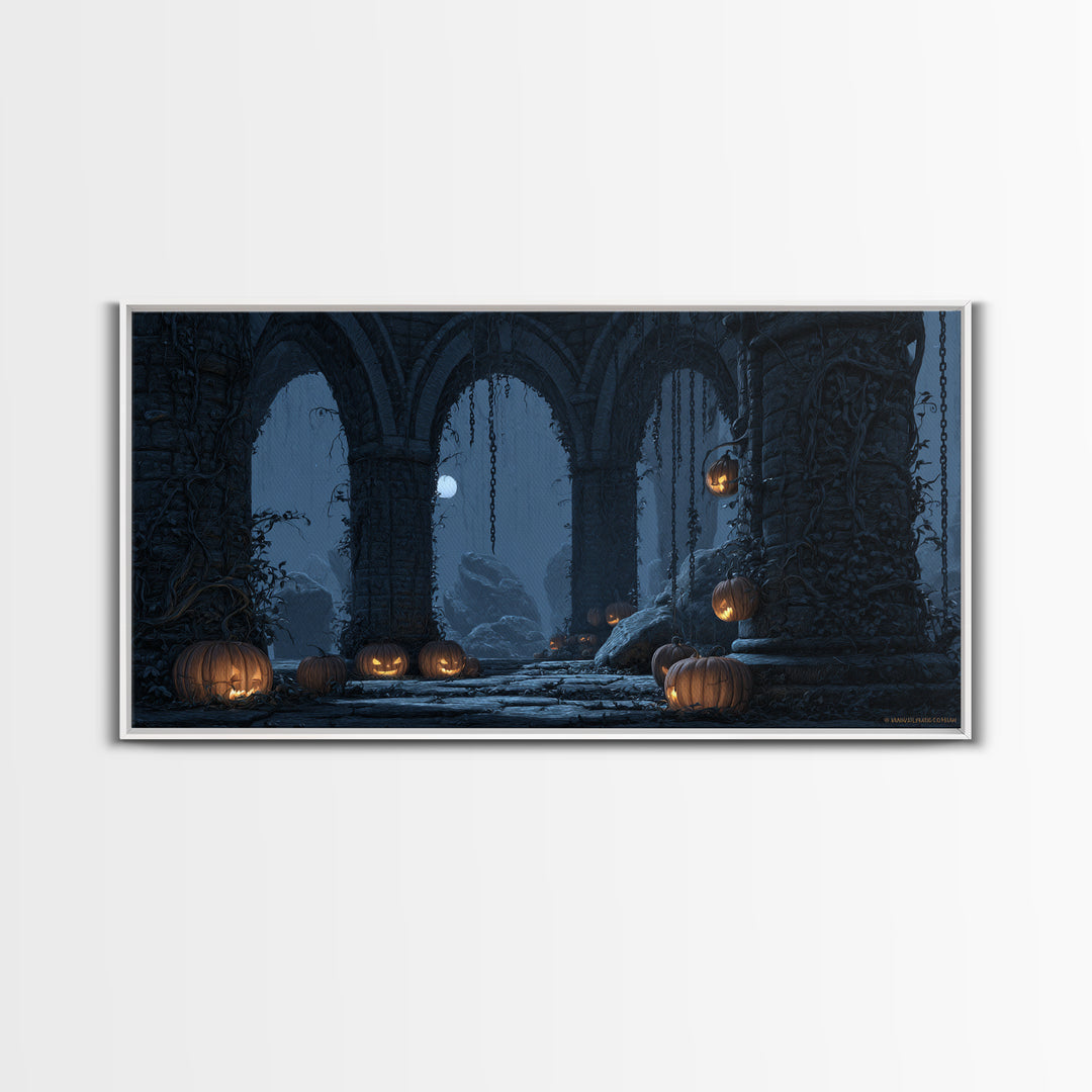The Alien Pumpkin Patch, Wide Panoramic Art, Gothic Horror Wall Art, Framed Canvas Print, Halloween Wall Decor, Gothic Home Decor