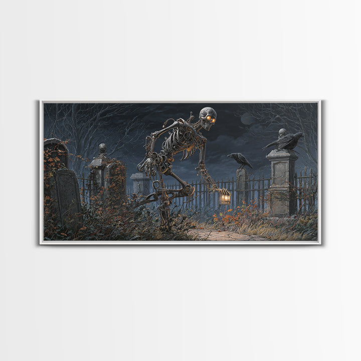 The Biomechanical Skeleton, Wide Panoramic Art, Gothic Horror Wall Art, Framed Canvas Print, Halloween Wall Decor, Gothic Home Decor