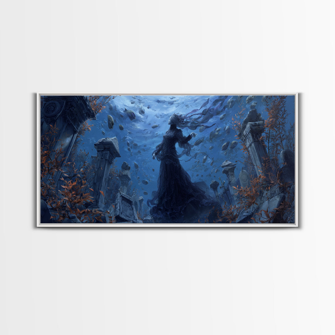 The Underwater Graveyard, Wide Panoramic Art, Haunted Gothic Art, Framed Canvas Print, Halloween Wall Decor, Gothic Home Decor