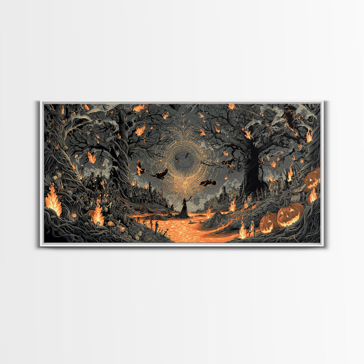 The Volcanic Demon Festival, Wide Panoramic Art, Haunted Gothic Art, Framed Canvas Print, Halloween Wall Decor, Gothic Home Decor