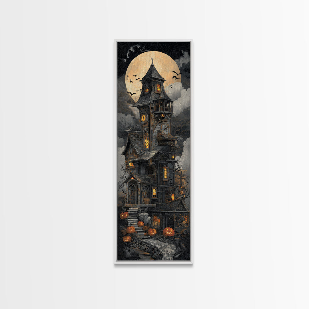 The Clockwork Haunted House, Tall Narrow Wall Art, Dark Fantasy Wall Art, Canvas Print, Halloween Wall Decor, Gothic Home Decor