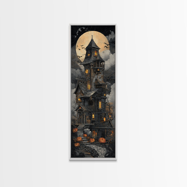 The Clockwork Haunted House, Tall Narrow Wall Art, Dark Fantasy Wall Art, Canvas Print, Halloween Wall Decor, Gothic Home Decor