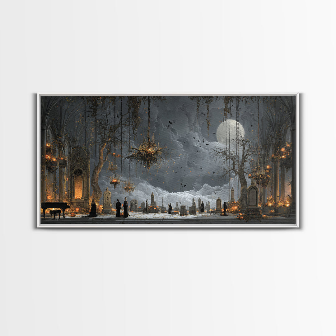 The Upside-Down Cemetery, Wide Panoramic Art, Macabre Wall Art, Framed Canvas Print, Halloween Wall Decor, Gothic Home Decor