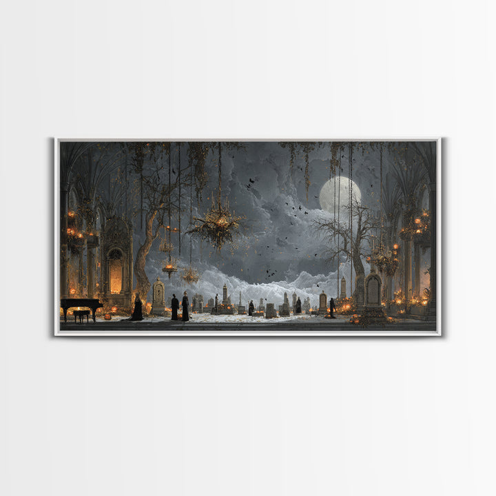 The Upside-Down Cemetery, Wide Panoramic Art, Macabre Wall Art, Framed Canvas Print, Halloween Wall Decor, Gothic Home Decor