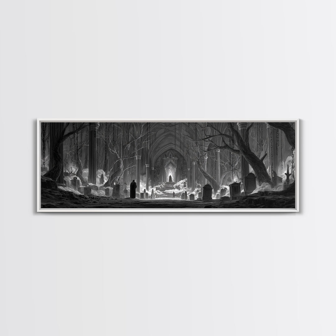 The Upside-Down Cemetery, Extra Wide Wall Art, Gothic Horror Wall Art, Framed Canvas Print, Halloween Wall Decor, Gothic Home Decor