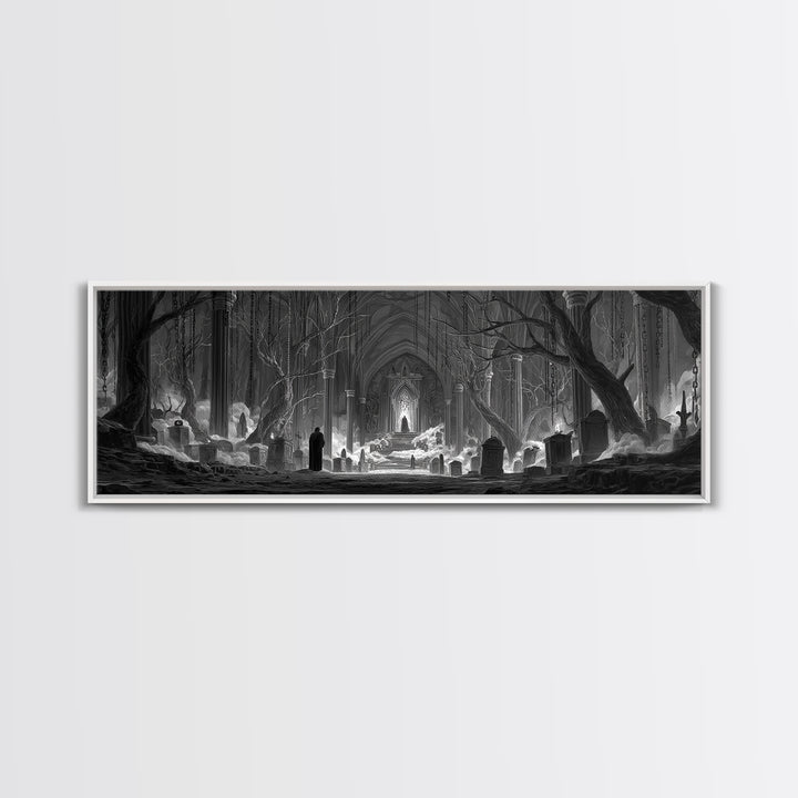 The Upside-Down Cemetery, Extra Wide Wall Art, Gothic Horror Wall Art, Framed Canvas Print, Halloween Wall Decor, Gothic Home Decor