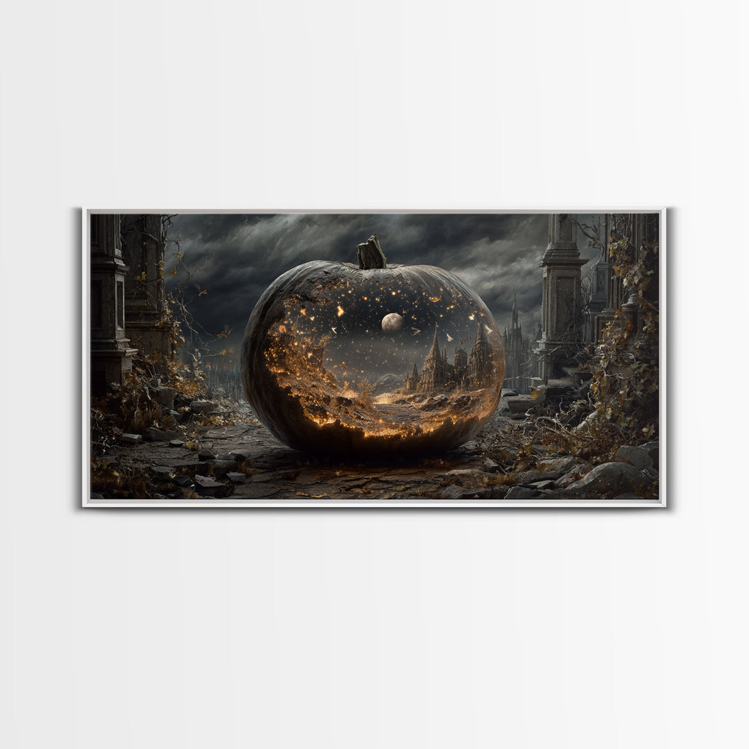 The Moon Inside A Pumpkin, Wide Panoramic Art, Dark Halloween Decor, Canvas Print, Halloween Wall Decor, Gothic Home Decor