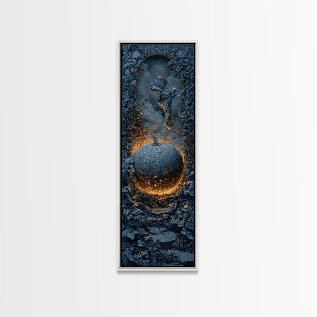 The Moon Inside A Pumpkin, Tall Narrow Wall Art, Macabre Wall Art, Framed Canvas Print, Halloween Wall Decor, Gothic Home Decor