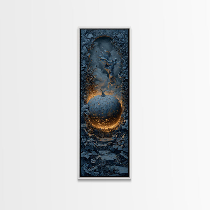 The Moon Inside A Pumpkin, Tall Narrow Wall Art, Macabre Wall Art, Framed Canvas Print, Halloween Wall Decor, Gothic Home Decor