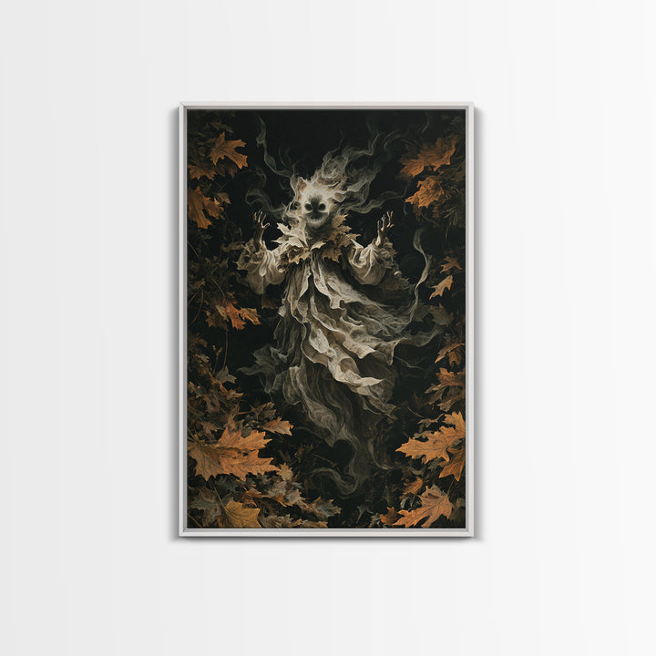 The Autumn-Leaf Ghost, Vertical Wall Art, Gothic Horror Wall Art, Framed Canvas Print, Halloween Wall Decor, Gothic Home Decor