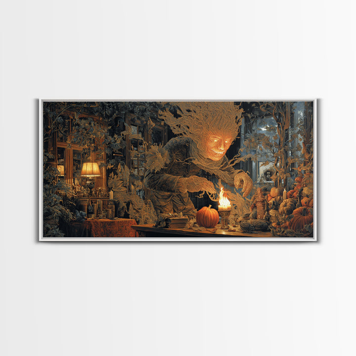 The Autumn-Leaf Ghost, Wide Panoramic Art, Macabre Wall Art, Framed Canvas Print, Halloween Wall Decor, Gothic Home Decor, Spooky Wall Decor