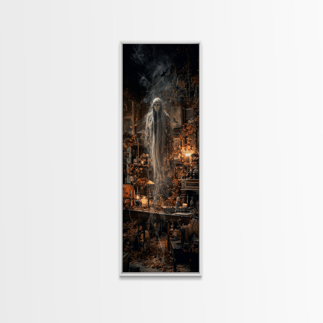The Autumn-Leaf Ghost, Tall Narrow Wall Art, Macabre Wall Art, Framed Canvas Print, Halloween Wall Decor, Gothic Home Decor