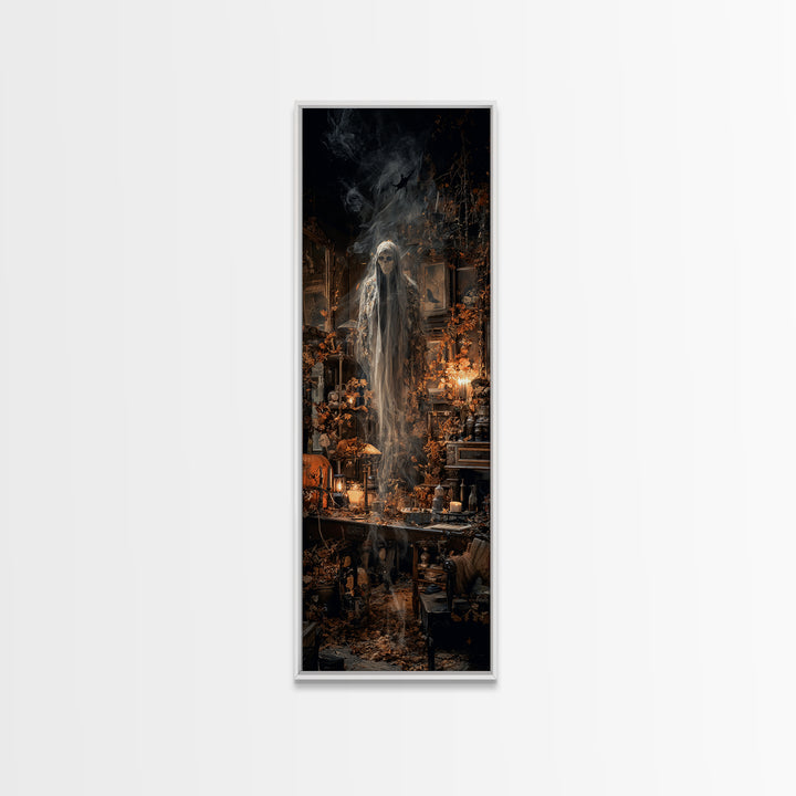 The Autumn-Leaf Ghost, Tall Narrow Wall Art, Macabre Wall Art, Framed Canvas Print, Halloween Wall Decor, Gothic Home Decor
