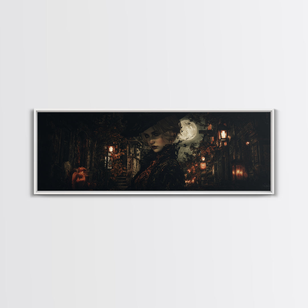 The Town Where Shadows Live, Extra Wide Wall Art, Macabre Wall Art, Framed Canvas Print, Halloween Wall Decor, Gothic Home Decor