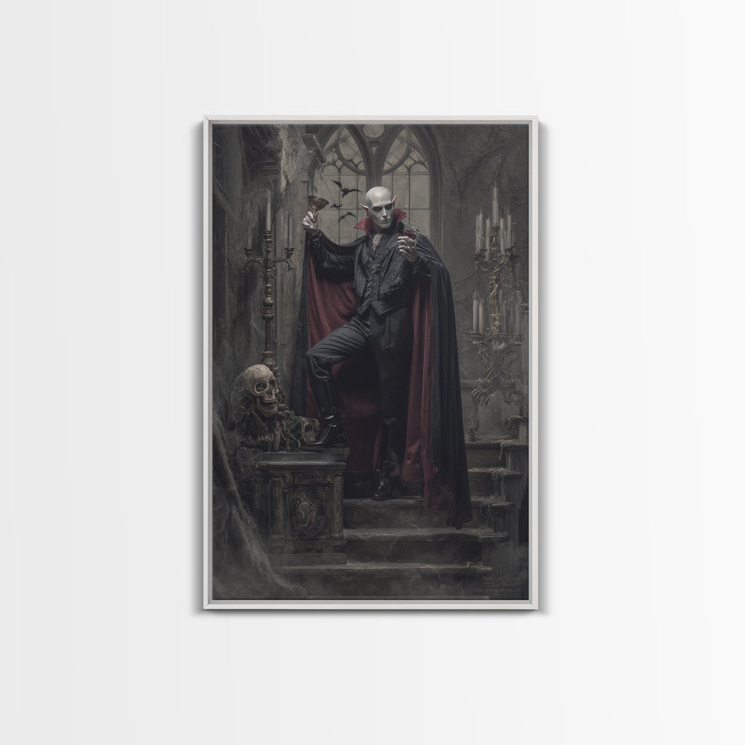 The Crimson Count Of Hollow Keep, Vertical Wall Art, Haunted Gothic Art, Framed Canvas Print, Halloween Wall Decor, Gothic Home Decor