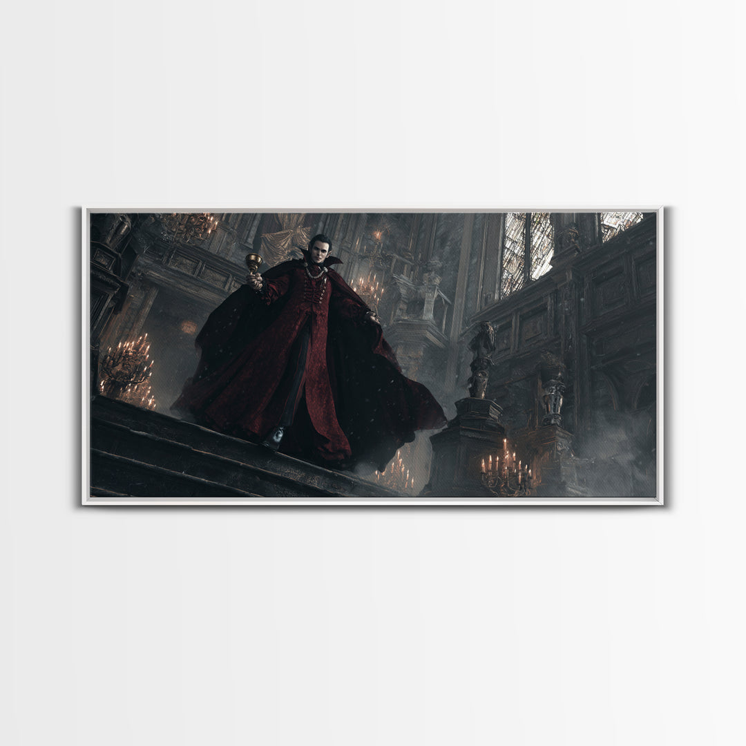 The Crimson Count Of Hollow Keep, Wide Panoramic Art, Gothic Horror Wall Art, Framed Canvas Print, Halloween Wall Decor, Gothic Home Decor