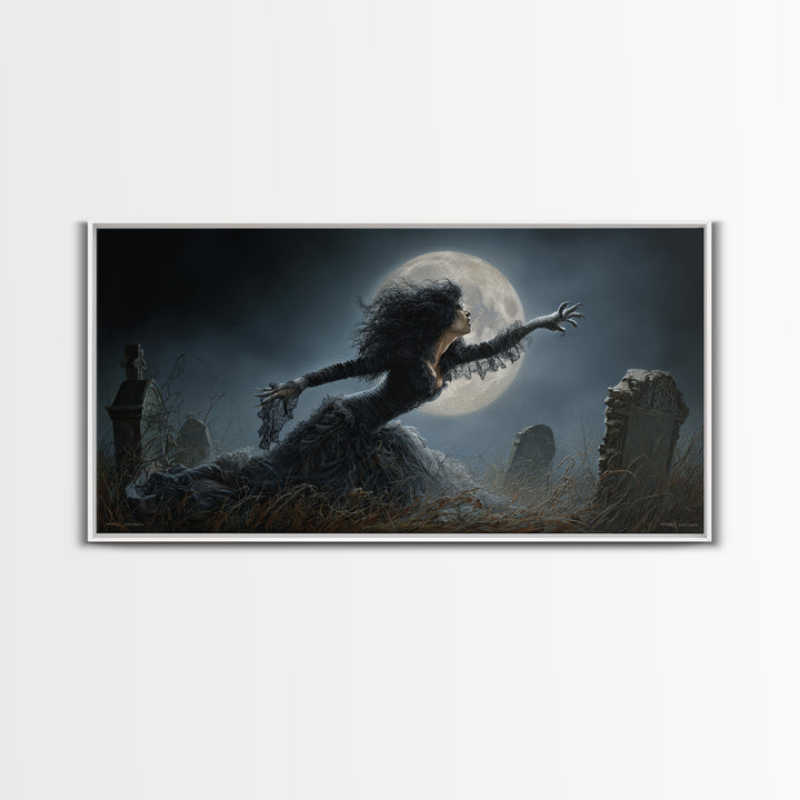 The Widow Wolf Of Briar Moon, Wide Panoramic Art, Macabre Wall Art, Framed Canvas Print, Halloween Wall Decor, Gothic Home Decor