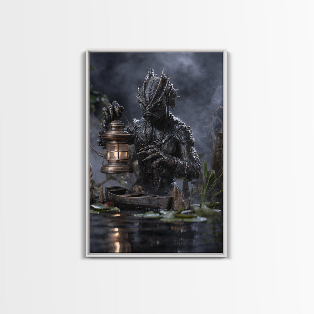 The Creature Of Lantern Lagoon, Vertical Wall Art, Dark Fantasy Wall Art, Canvas Print, Halloween Wall Decor, Gothic Home Decor