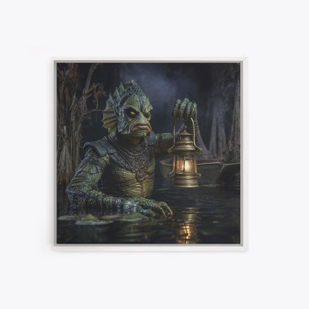 The Creature Of Lantern Lagoon, Square Wall Art, Macabre Wall Art, Framed Canvas Print, Halloween Wall Decor, Gothic Home Decor