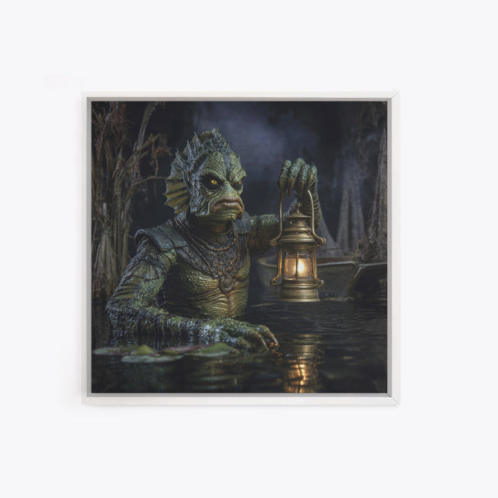 The Creature Of Lantern Lagoon, Square Wall Art, Macabre Wall Art, Framed Canvas Print, Halloween Wall Decor, Gothic Home Decor