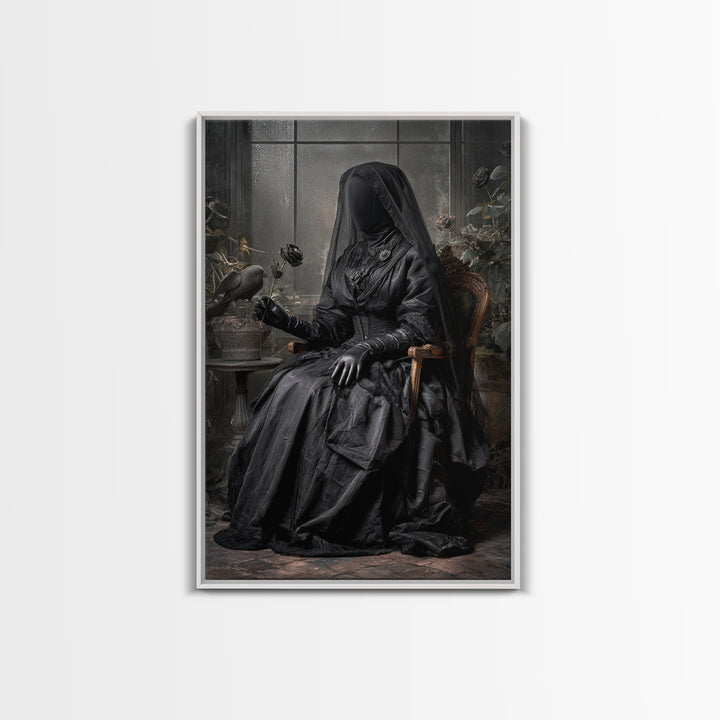 The Invisible Mourner Of Glass House, Vertical Wall Art, Haunted Gothic Art, Framed Canvas Print, Halloween Wall Decor, Gothic Home Decor