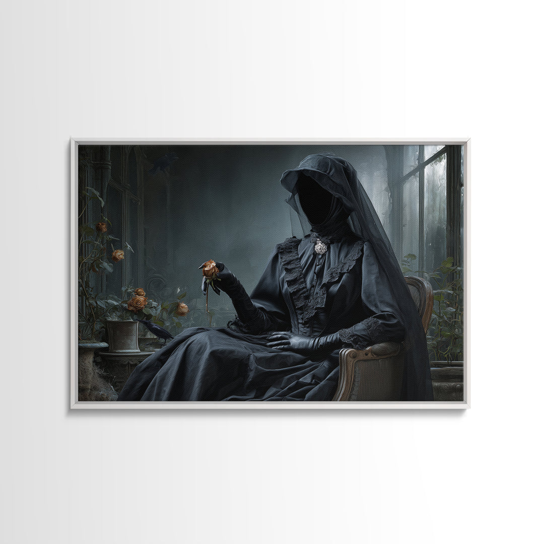 The Invisible Mourner Of Glass House, Landscape Wall Art, Haunted Gothic Art, Framed Canvas Print, Halloween Wall Decor, Gothic Home Decor