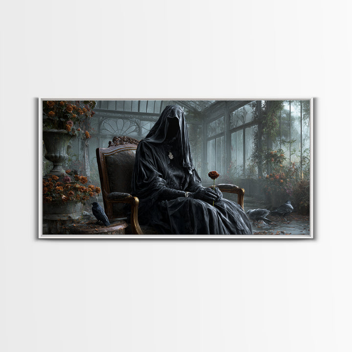 The Invisible Mourner Of Glass House, Wide Panoramic Art, Gothic Horror Wall Art, Framed Canvas Print, Halloween Wall Decor