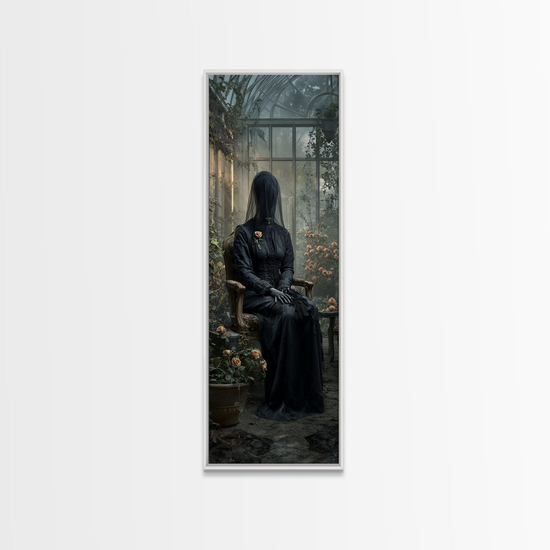 The Invisible Mourner Of Glass House, Tall Narrow Wall Art, Haunted Gothic Art, Framed Canvas Print, Halloween Wall Decor, Gothic Home Decor