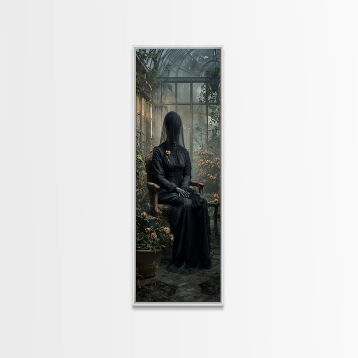 The Invisible Mourner Of Glass House, Tall Narrow Wall Art, Haunted Gothic Art, Framed Canvas Print, Halloween Wall Decor, Gothic Home Decor