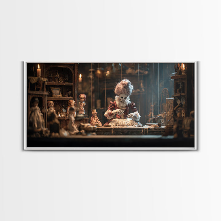 The Dollmaker Of Hollow Ward, Wide Panoramic Art, Macabre Wall Art, Framed Canvas Print, Halloween Wall Decor, Gothic Home Decor