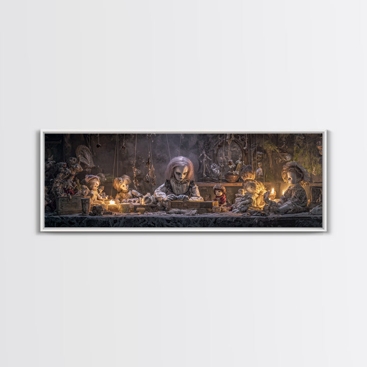 The Dollmaker Of Hollow Ward, Extra Wide Wall Art, Macabre Wall Art, Framed Canvas Print, Halloween Wall Decor, Gothic Home Decor